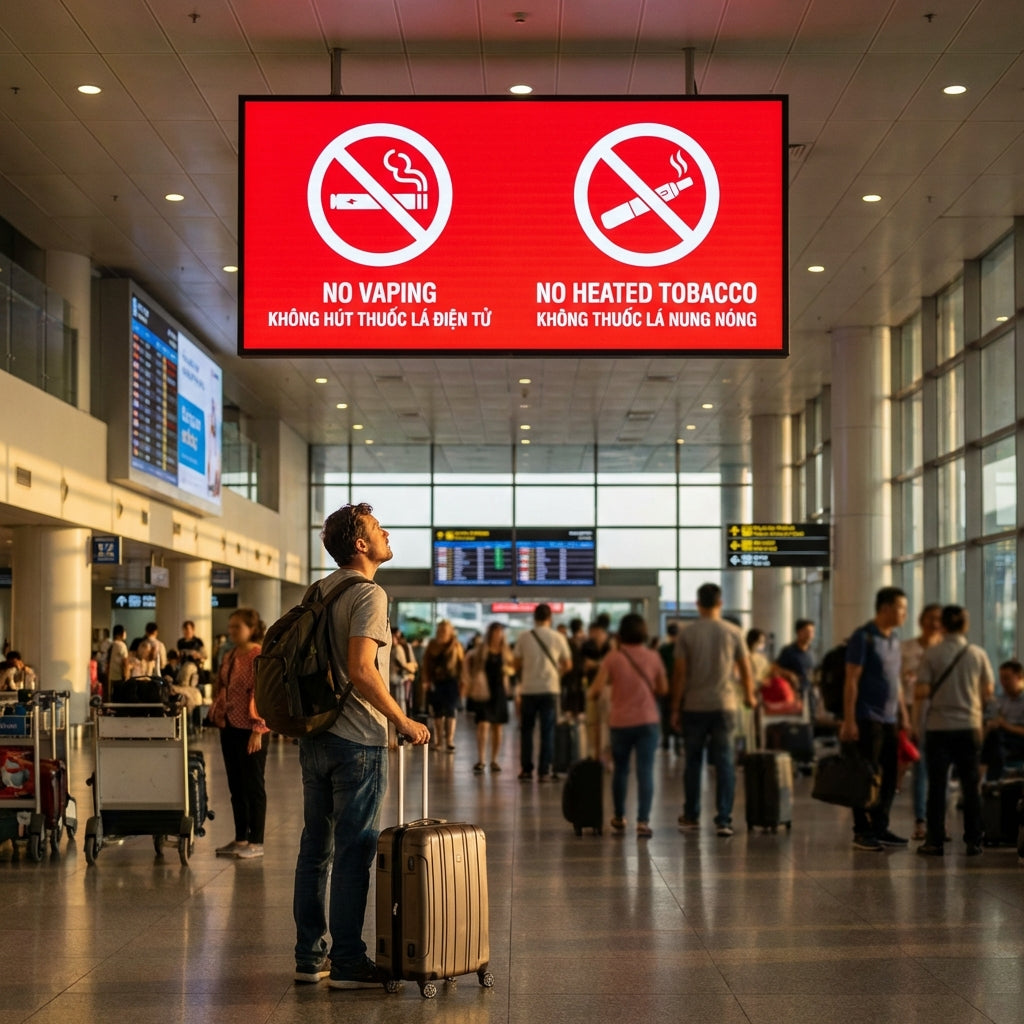 Warning sign at Hanoi Airport about Vietnam vape ban 2026